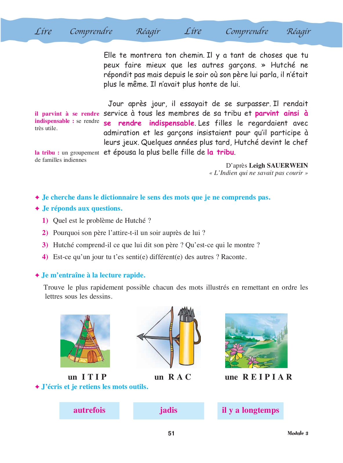 Page 51 du manuel : suite du texte, questions de compréhension et lecture rapide